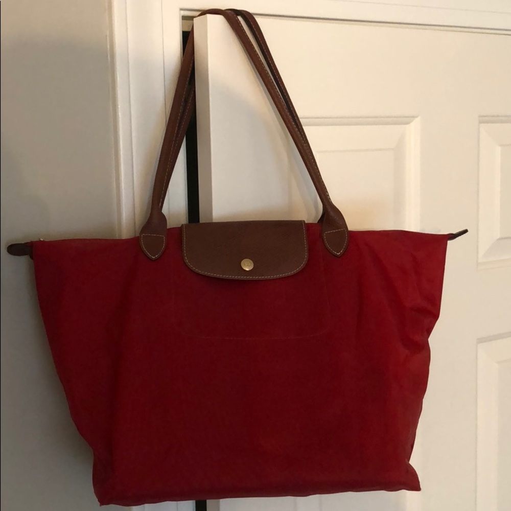 Long Champ Red Le Pliage Tote Bag L